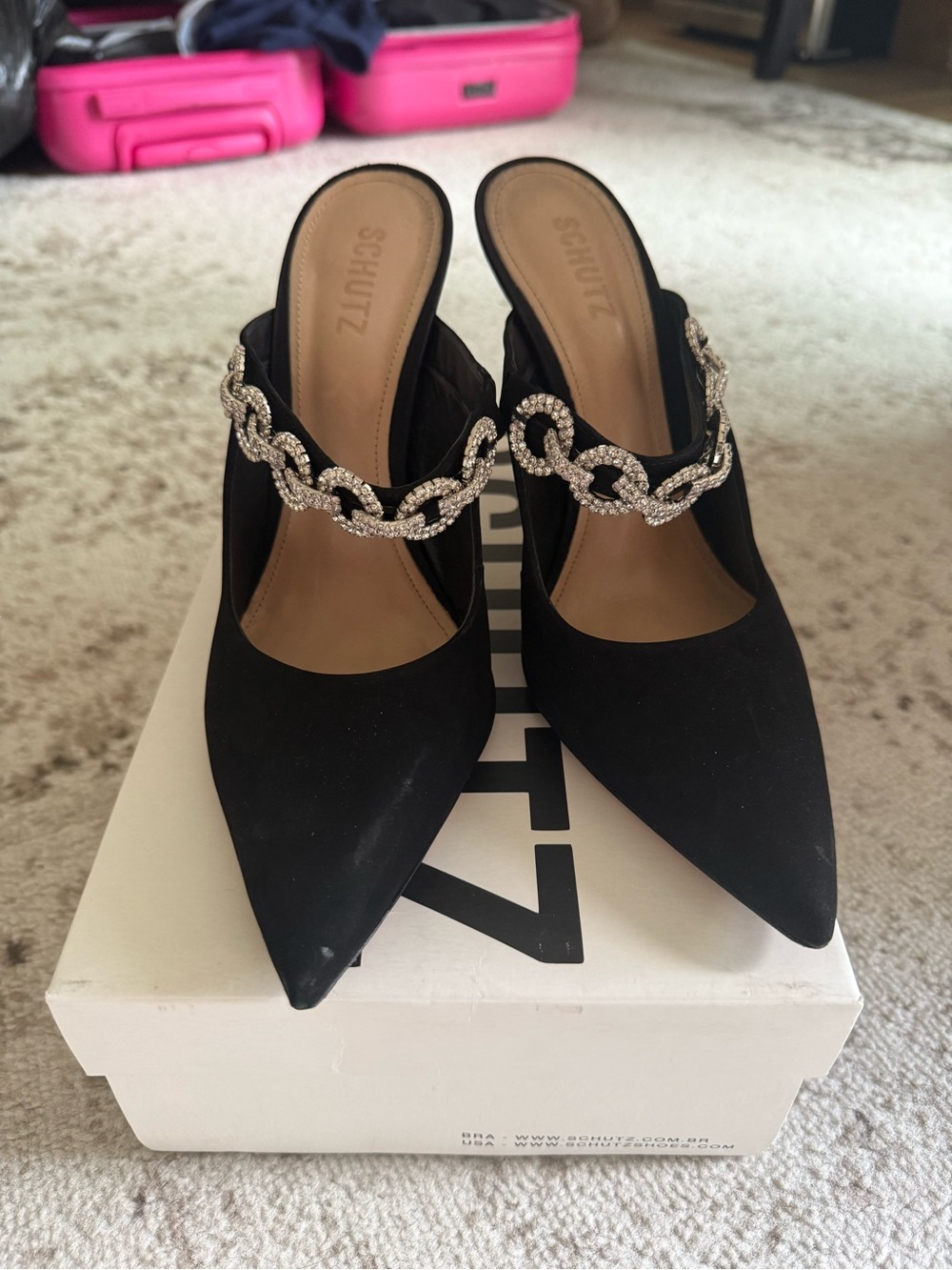 SCHUTZ Black Pointed Crystal-Chain Mules